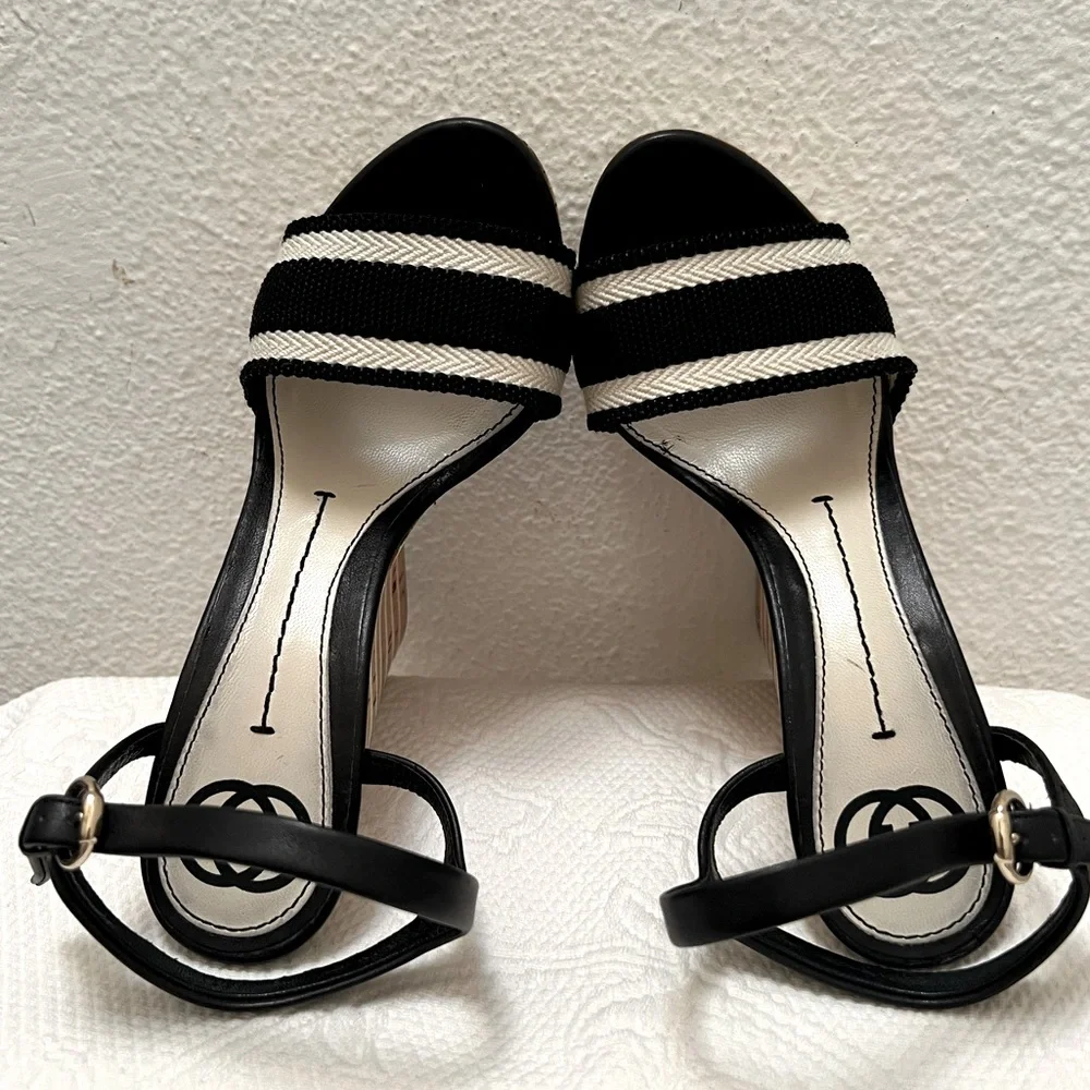 Gucci Black and Cream Wedge Sandals with Ankle Strap